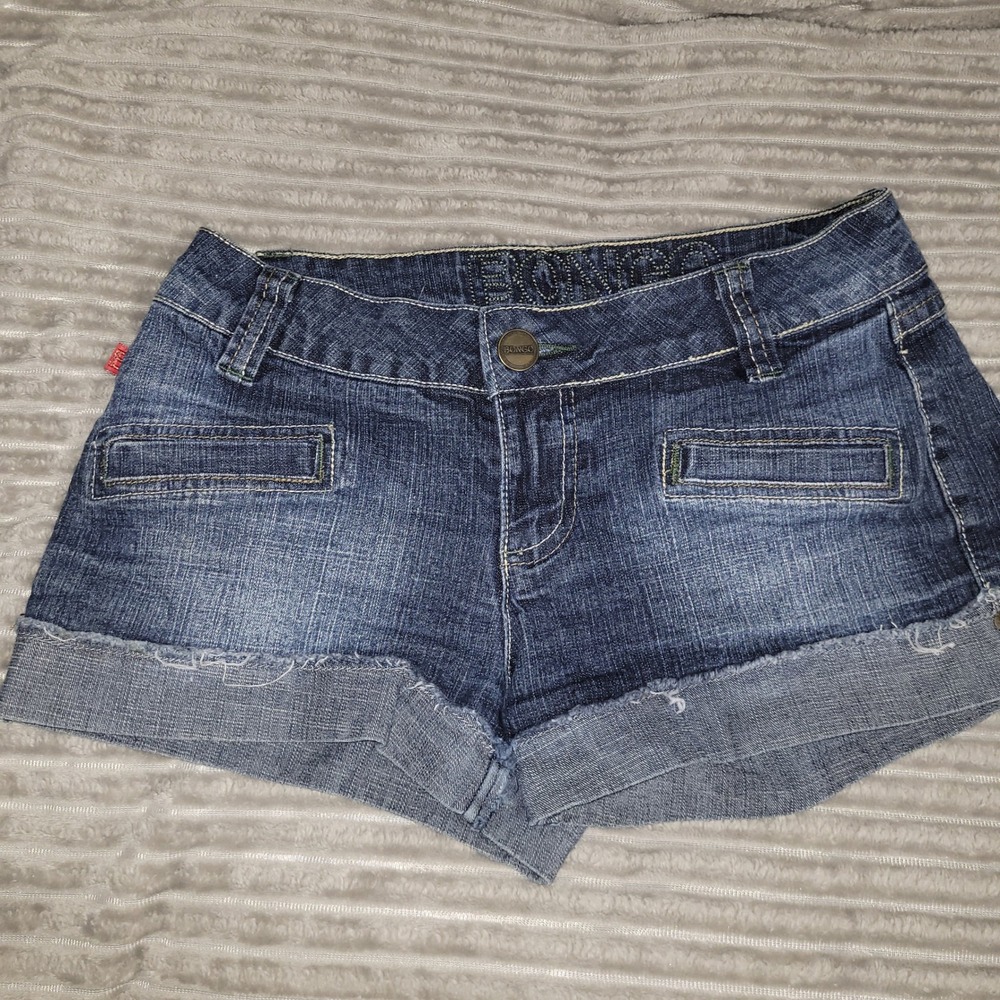 Bongo Low Rise Dark Wash Denim Shorts Cuffed Raw Hem Size 1 Y2K utility